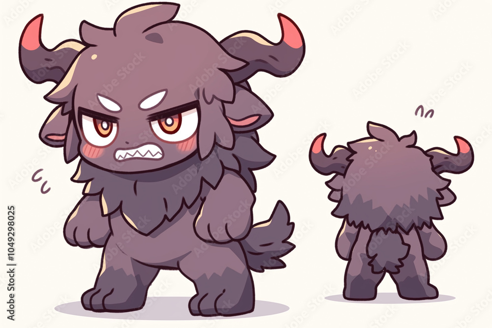 Fototapeta premium Cute Anthropomorphic Monster with Horns and Furry Design