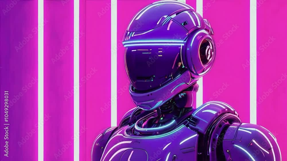 A futuristic robot with neon accents against a vibrant pink background. A futuristic robot with neon accents against a vibrant pink background.