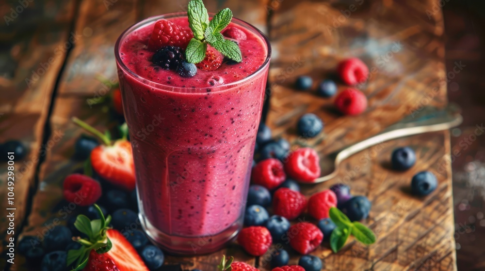 Glass of Berry Smoothie with Fresh Raspberries, Blueberries, and Mint Glass of Berry Smoothie with Fresh Raspberries, Blueberries, and Mint