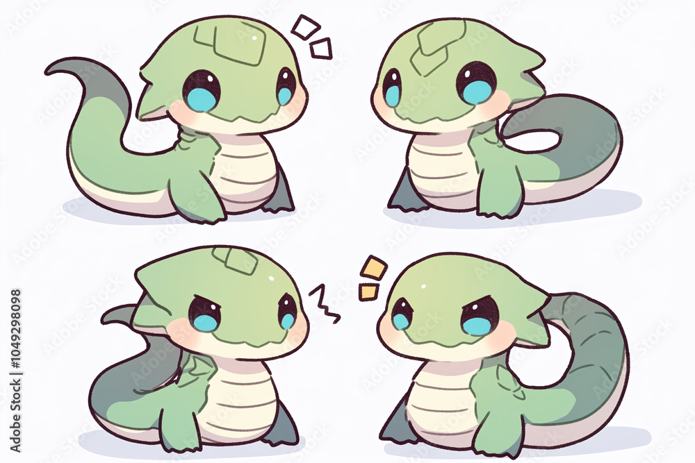 Obraz premium Cute Green Lizard Monster Chibi Illustration
