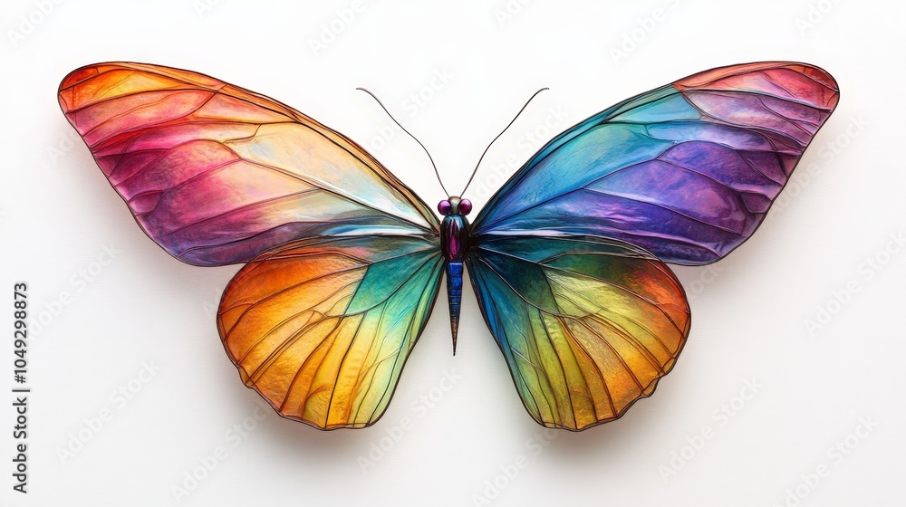 A delicate butterfly with wings glowing in rainbow hues, set against a pure white background for a striking, clean presentation A delicate butterfly with wings glowing in rainbow hues, set against a pure white background for a striking, clean presentation
