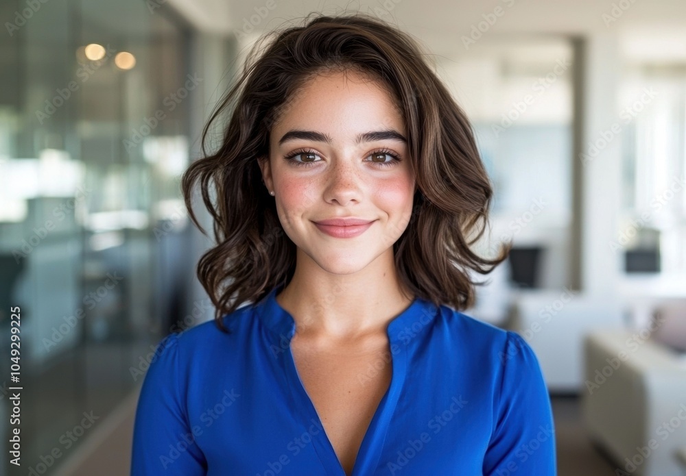 Fototapeta premium Smiling woman in blue blouse