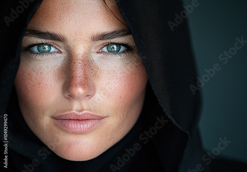 Mysterious woman in black hijab with piercing eyes