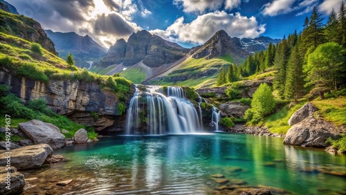 water falls from a mountain stream into a crystal-clear lake, aqua, natural scenery, serene atmosphere