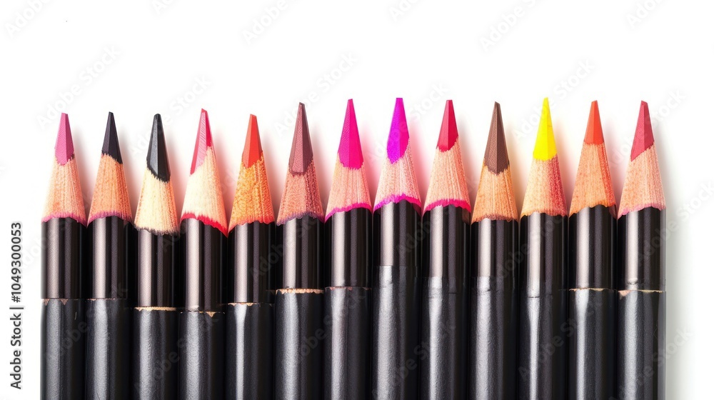 A Row of Sharpened Colored Pencils with Black Cases A Row of Sharpened Colored Pencils with Black Cases