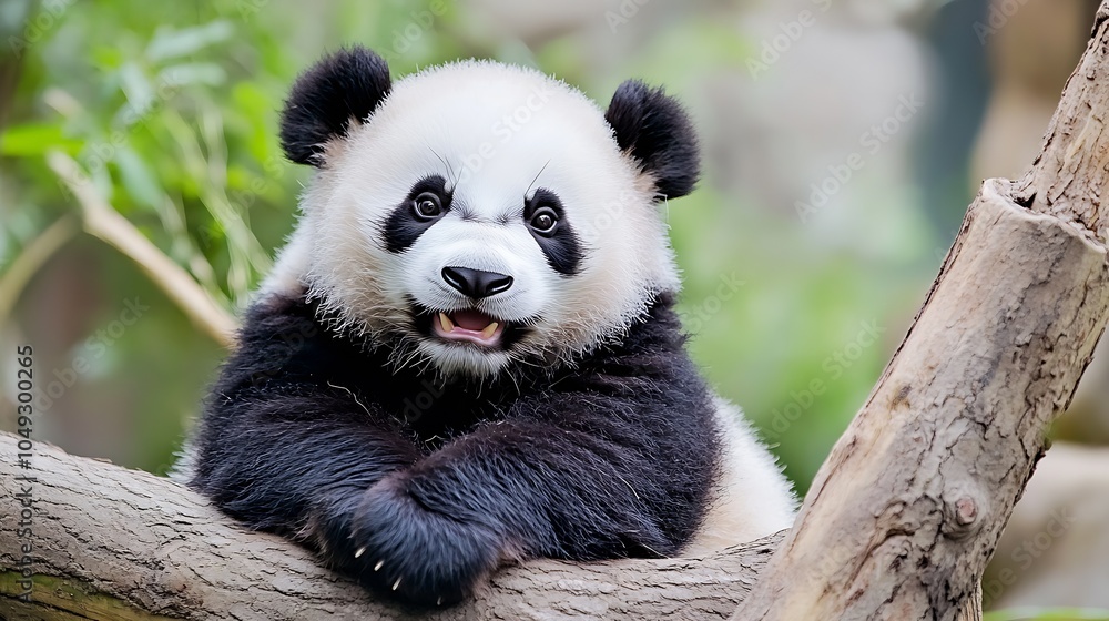 Fototapeta premium Happy Young Panda Peeking Over Tree Branch with Cheery Expression in Nature : Generative AI