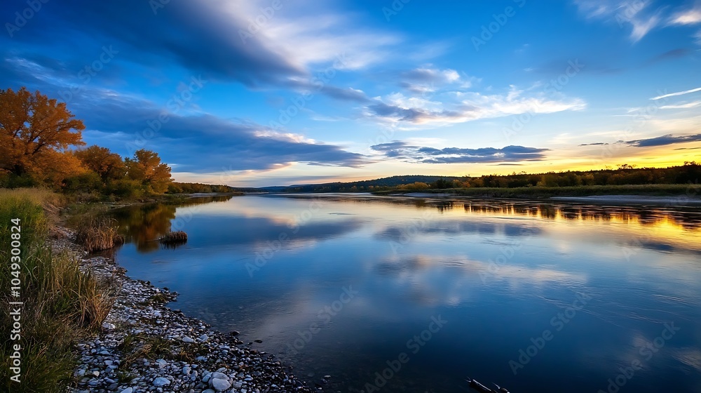 Obraz premium Tranquil Riverside Landscape at Sunset with Reflective Waters and Lush Greenery : Generative AI