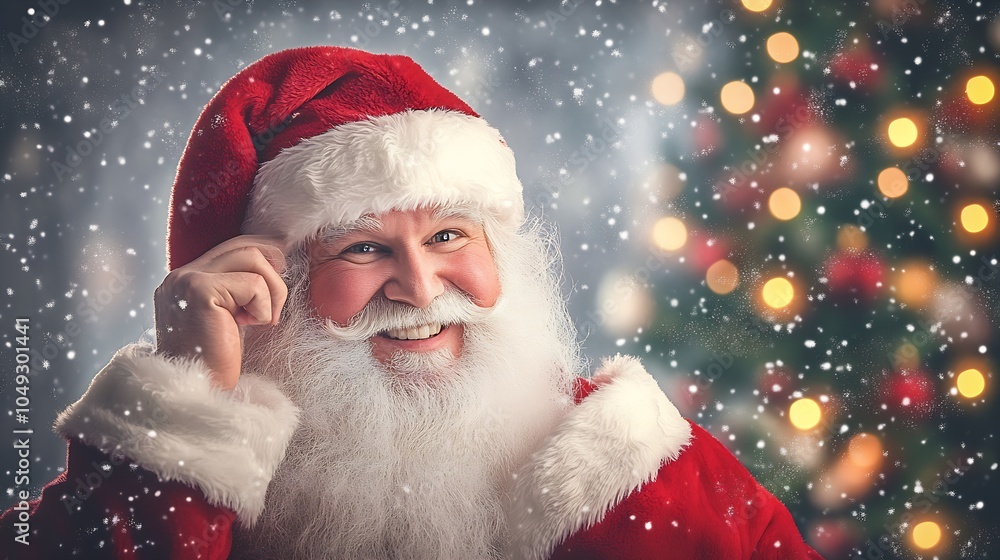 Festive Santa Claus Joyfully Pointing in Front of a Holiday Tree Illuminated with Christmas Lights and Snow : Generative AI Festive Santa Claus Joyfully Pointing in Front of a Holiday Tree Illuminated with Christmas Lights and Snow : Generative AI