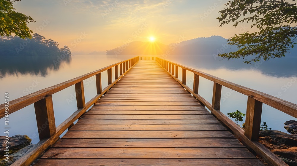 Obraz premium Sunrise Over Tranquil Lake with Wooden Pier Leading to Horizon : Generative AI