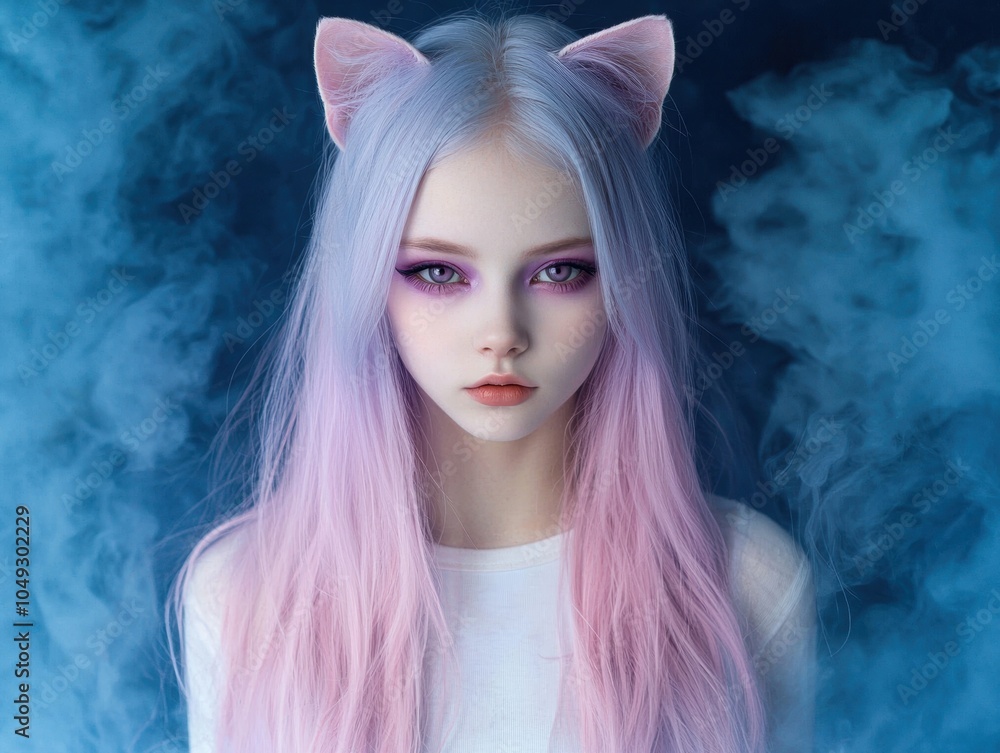 Fototapeta premium Mysterious anime-inspired portrait with pink hair and cat ears