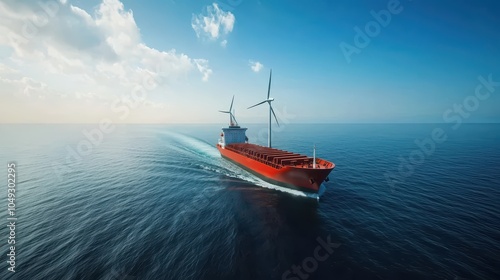 A cargo ship with wind turbines sails across a calm sea under a blue sky, emphasizing sustainable transport.