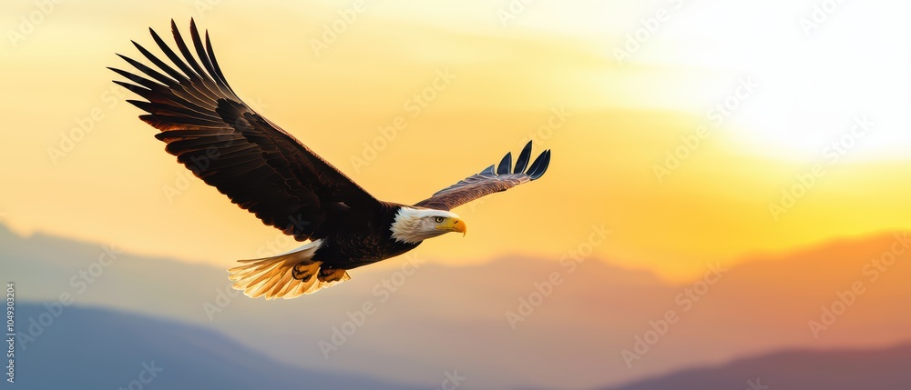 Naklejka premium A majestic eagle soaring gracefully through a vibrant sunset sky.