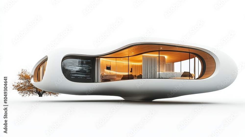 A futuristic floating house with a smooth, curved structure and digital interfaces, standing against a clean white background, showcasing smart living technology A futuristic floating house with a smooth, curved structure and digital interfaces, standing against a clean white background, showcasing smart living technology