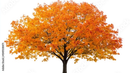 A majestic maple tree with orange and yellow leaves, resting against a pure white background, representing the splendor of autumn