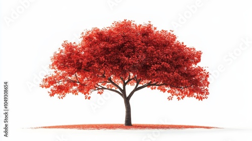 A maple tree in autumn bloom with bright red leaves, standing against a white background, representing the natural beauty of the season