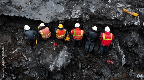 Team of Construction Workers Excavating Earth in Safety Gear at Industrial Worksite : Generative AI photo