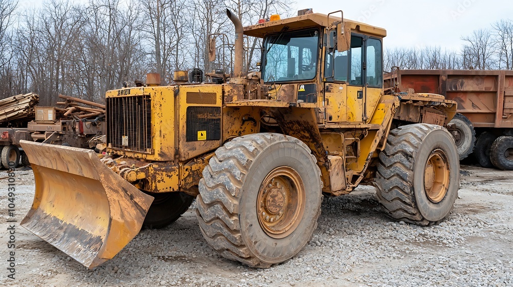 Heavy duty yellow bulldozer parked on gravel at construction site amidst bare winter trees : Generative AI Heavy duty yellow bulldozer parked on gravel at construction site amidst bare winter trees : Generative AI