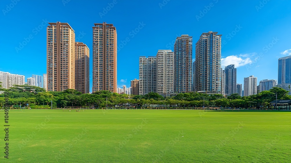 Vibrant cityscape park with towering residential buildings on a clear sky day : Generative AI Vibrant cityscape park with towering residential buildings on a clear sky day : Generative AI