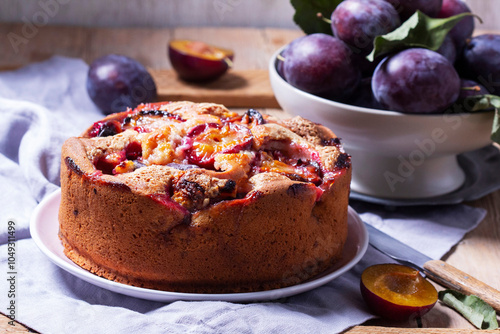 Plum pie with filling and sugar crust, sprinkled with powdered sugar and plums on a wooden table.