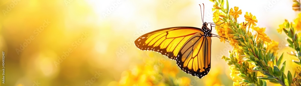 Fototapeta premium Monarch butterfly perched on a vibrant flower in golden sunlight.