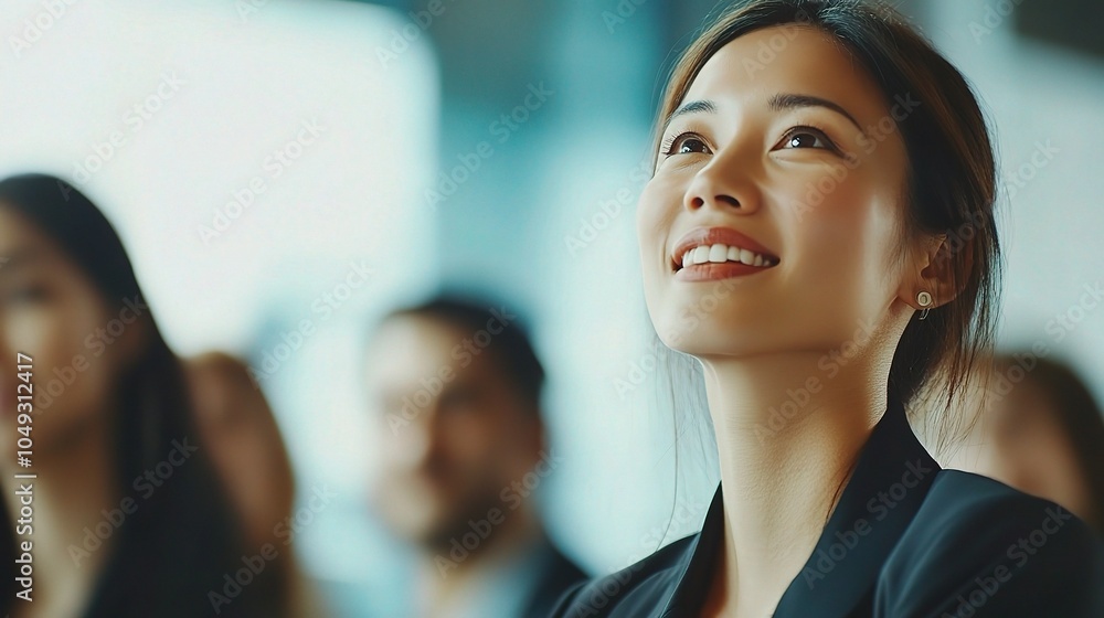 Businesswoman Enthusiastically Sharing Ideas in Meeting Businesswoman Enthusiastically Sharing Ideas in Meeting