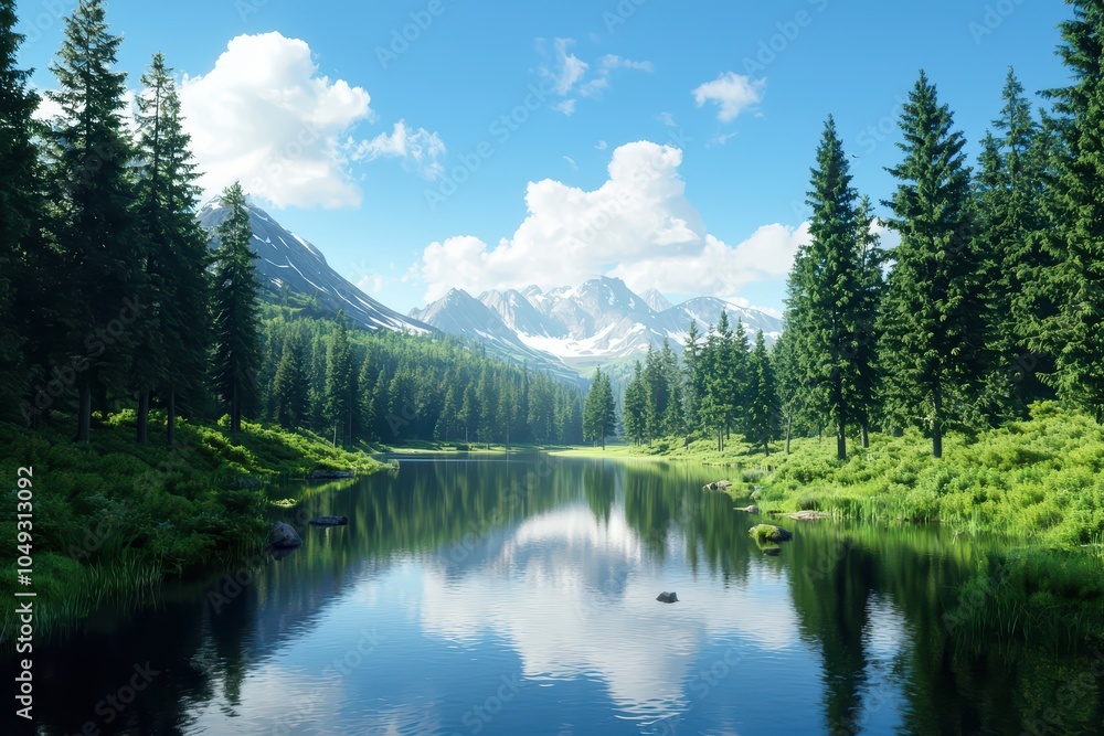 Scenic mountain landscape with serene lake, lush green trees, and clear blue sky, reflecting nature's tranquility. Scenic mountain landscape with serene lake, lush green trees, and clear blue sky, reflecting nature's tranquility.