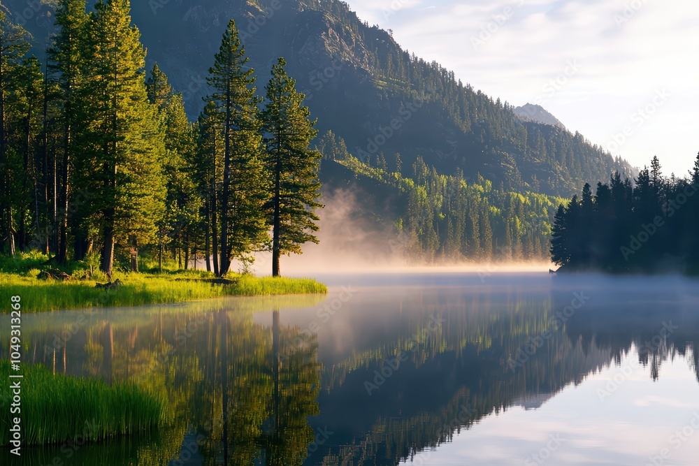 Fototapeta premium Serene lake surrounded by lush green trees and misty mountains at dawn.