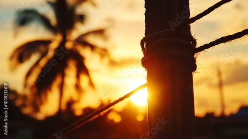 Serene Sunset with Silhouette of Palm Tree and Rope Tied to Rustic Post : Generative AI photo