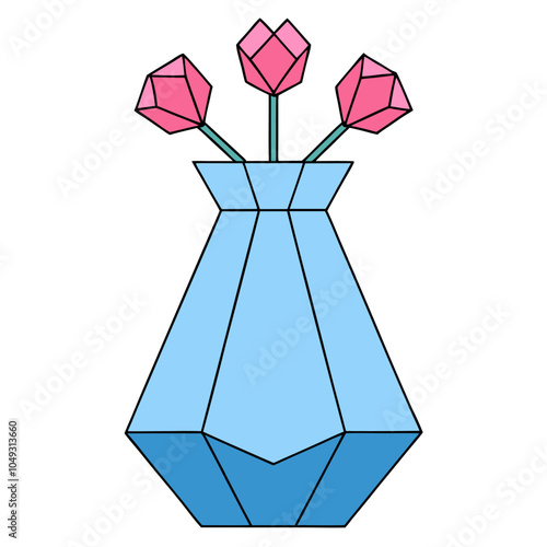 A minimalist illustration of a vase with three flowers,  perfect for adding a touch of modern elegance to your designs. This geometric vector graphic is ideal for home decor, branding.