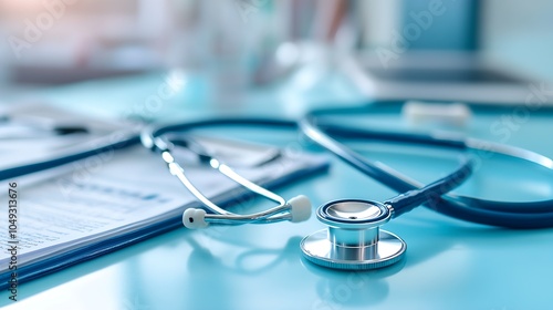 Closeup of medical stethoscope on desk in healthcare office : Generative AI