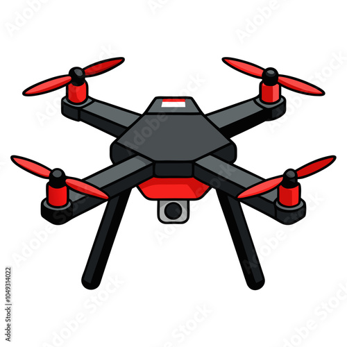 A cartoon illustration of a red and black drone with four propellers. This vector image is perfect for use in various projects like websites, presentations, and mobile applications.