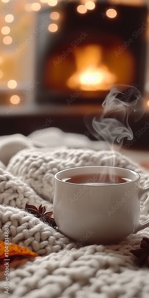 Warm Inviting Cup of Tea in Cozy Blanket Near Glowing Fireplace Ambiance : Generative AI Warm Inviting Cup of Tea in Cozy Blanket Near Glowing Fireplace Ambiance : Generative AI