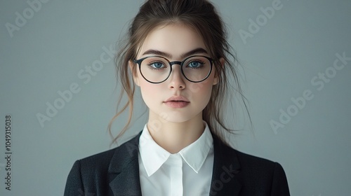 Confident Young Woman in Formal Attire with Glasses