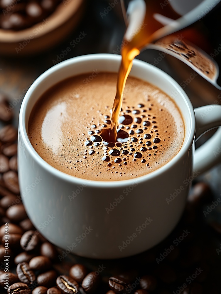 Obraz premium Freshly Brewed Coffee Pouring into Ceramic Cup Surrounded by Whole Coffee Beans : Generative AI