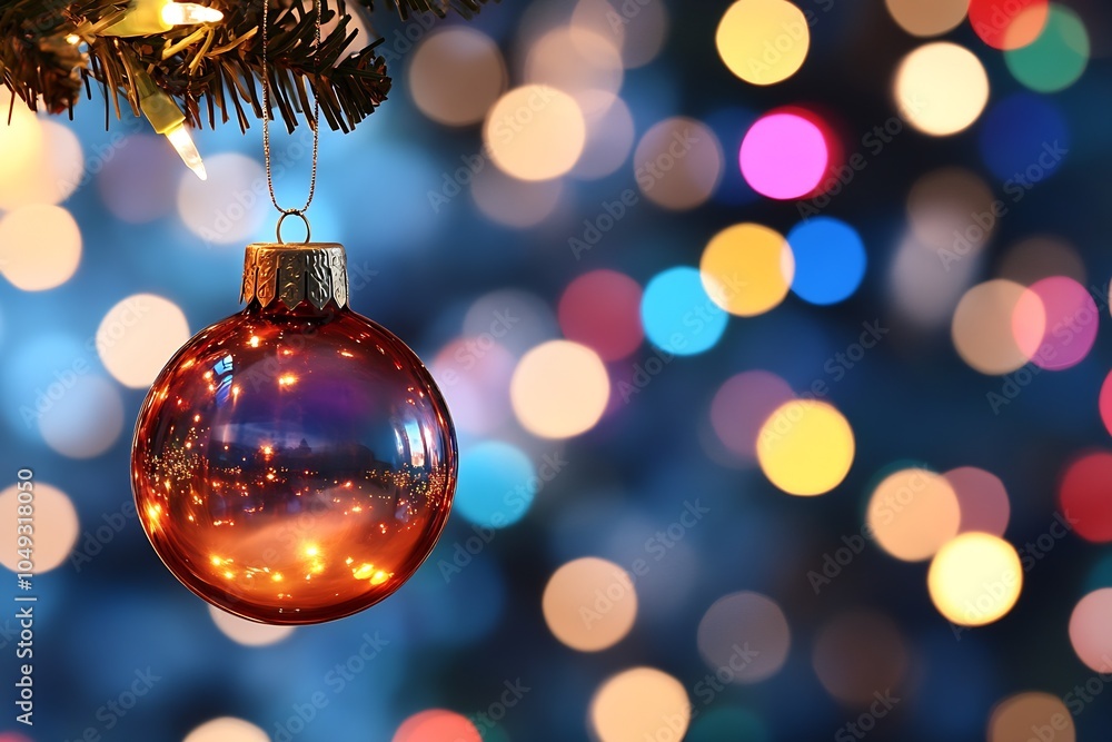 Fototapeta premium Shiny Red Glass Ornament with Colorful Bokeh Background for Festive Holiday Celebrations : Generative AI