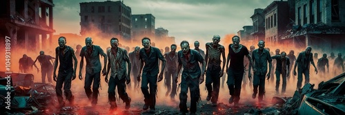 Apocalyptic street scene with zombies amid eerie, fiery haze. photo