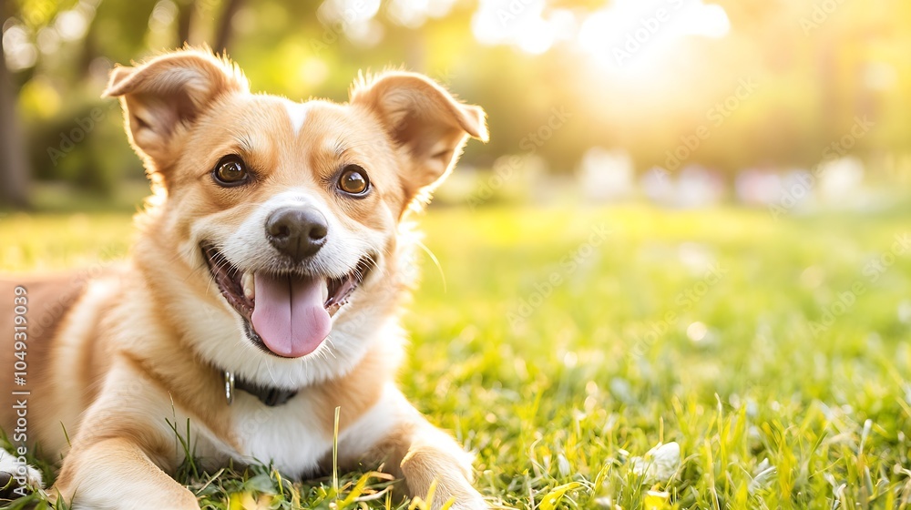 Happy Dog Sitting on Grass Amid Glowing Sunset in Peaceful Park : Generative AI Happy Dog Sitting on Grass Amid Glowing Sunset in Peaceful Park : Generative AI