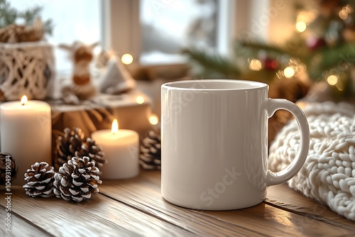 Rustic Winter Mug with Pine Cones Knitwear and Warm Candlelit Ambiance : Generative AI