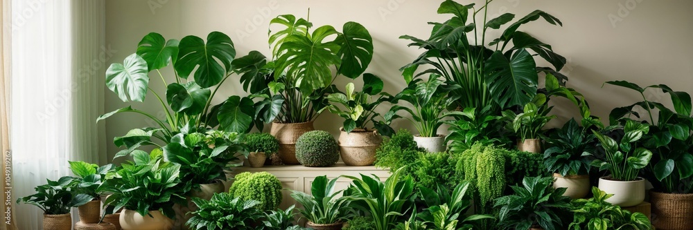 Vibrant indoor plant collection with lush green foliage display. Vibrant indoor plant collection with lush green foliage display.