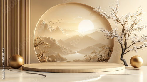 3D rendering of Chinese wind e-commerce product exhibition booth background
