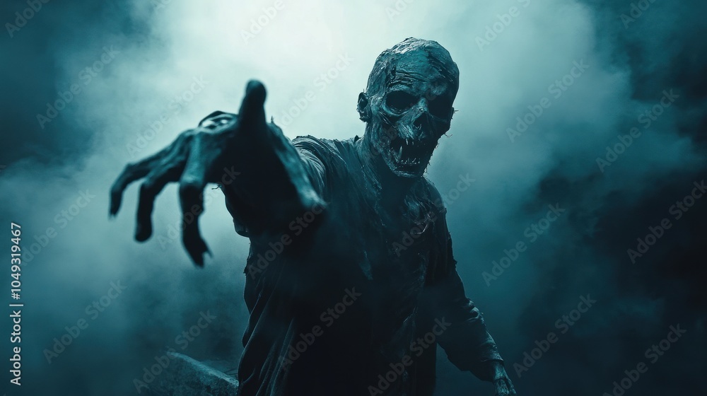 Fototapeta premium A skeletal figure emerges from fog, reaching out menacingly in a dark, eerie setting.