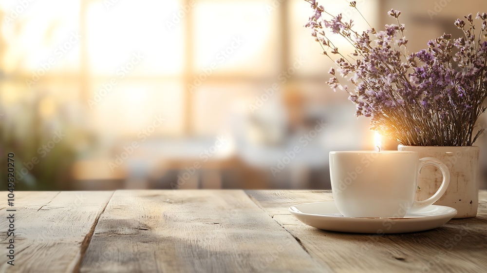 Cozy Morning Ambiance with Sunlit Coffee and Lavender on Rustic Wooden Table : Generative AI Cozy Morning Ambiance with Sunlit Coffee and Lavender on Rustic Wooden Table : Generative AI