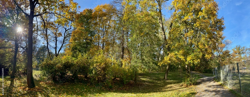 Fototapeta premium Der Stadtpark von Nordhausen mit der Zorge und dem Gondelteich an einem sonnigen Tag im Herbst
