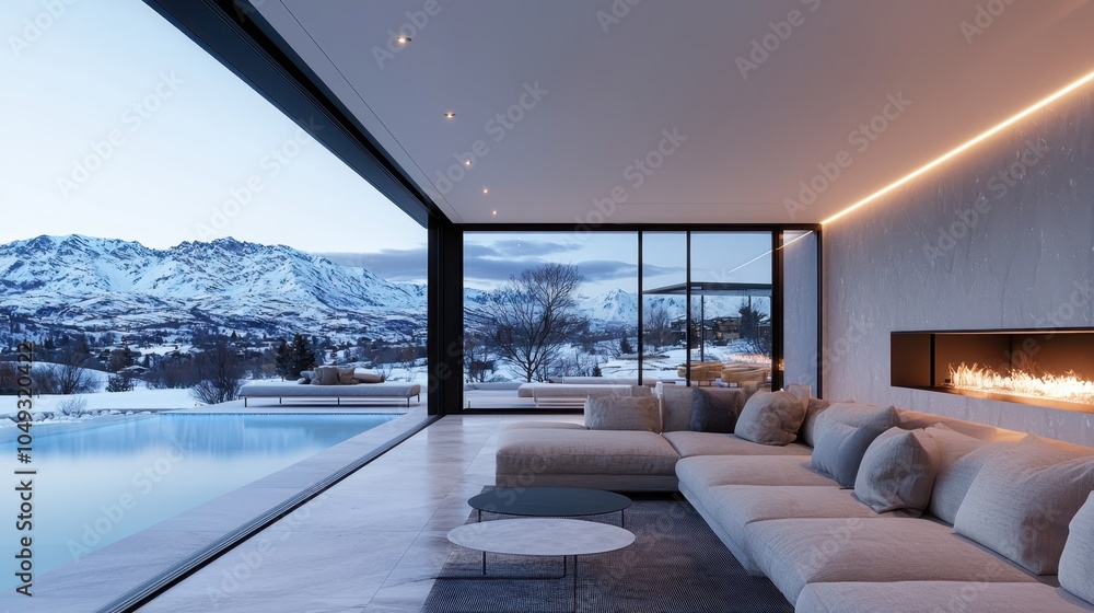 Fototapeta premium Modern luxury living room with scenic mountain view in winter landscape