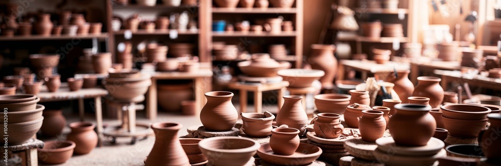 Pottery studio packed with clay vases and earthenware art Pottery studio packed with clay vases and earthenware art