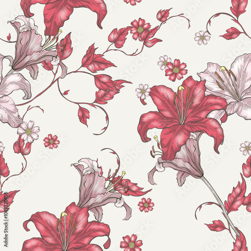 Floral seamless pattern of red and white lilies, delicate vines, and small da...