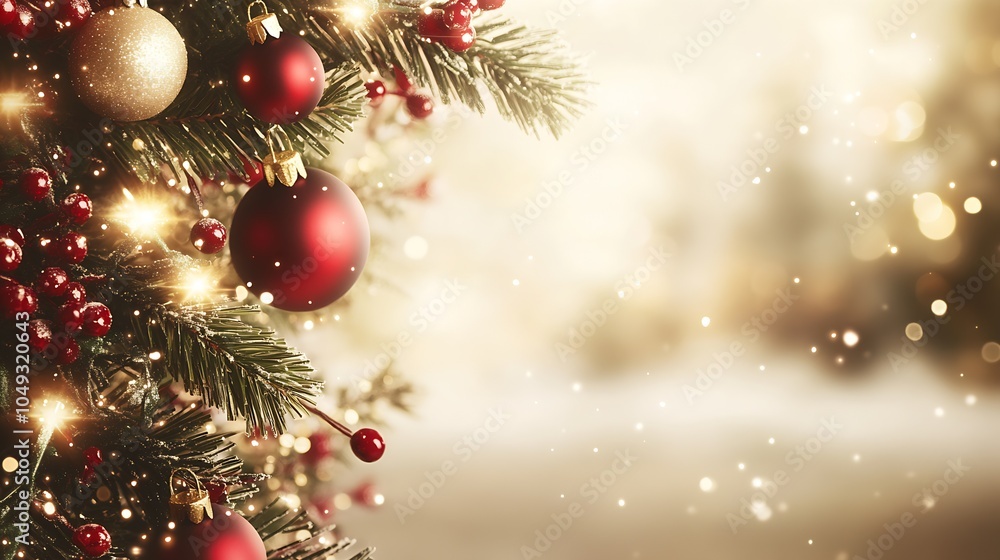 Festive Christmas Tree with Red Ornaments and Golden Sparkles for Holiday Celebration : Generative AI Festive Christmas Tree with Red Ornaments and Golden Sparkles for Holiday Celebration : Generative AI