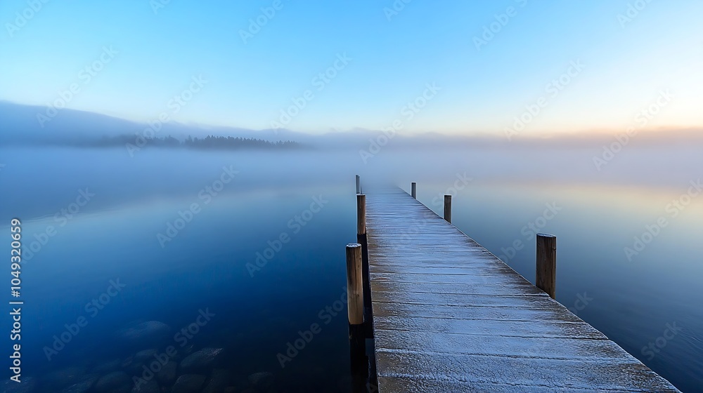 Obraz premium Lonely Pier Extending into Misty Lake at Peaceful Sunrise : Generative AI