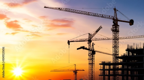 Tower cranes silhouetted against a colorful sunset sky on an active construction site : Generative AI