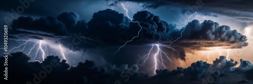 Dramatic storm clouds with striking bolts of lightning